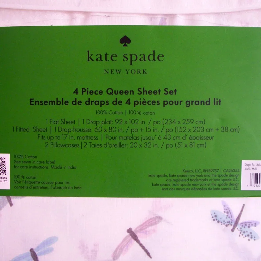 Kate Spade Queen Sheet Set 4pc Dragonfly Colorful Pink Blue Purple NEW - Picture 3 of 5